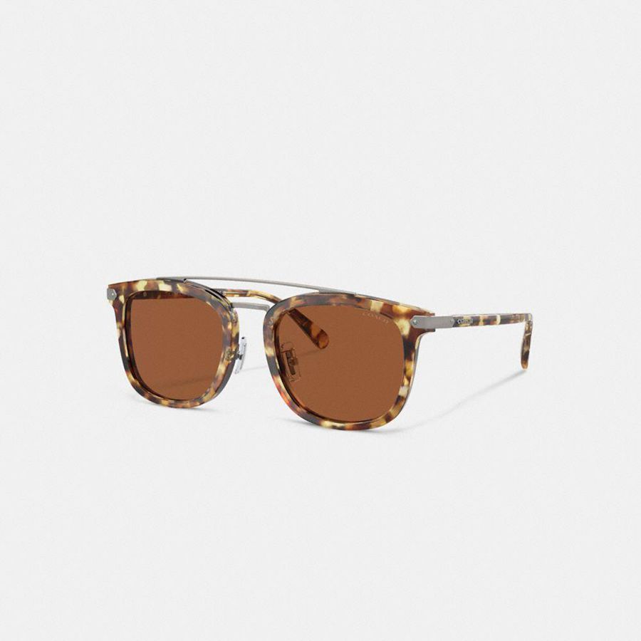 Brown Men COACH® Wrap Around Hangtag Browbar Sunglasses | 49108FIEN
