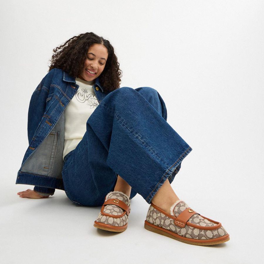 Brown Women COACH® Forest Slipper In Signature Textile Jacquard Loafers | 45012LDGN