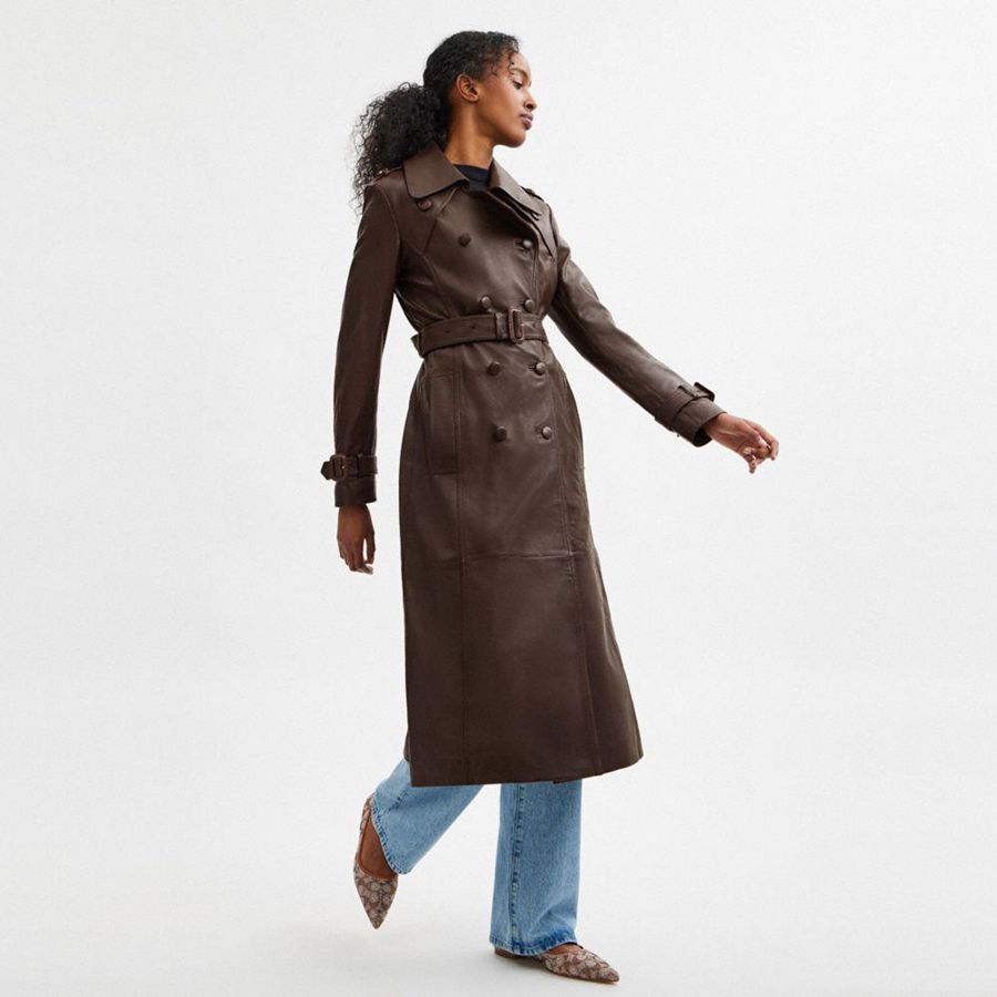 Brown Women COACH® Heritage C Double Breasted Leather Trench Coat | 18374YLQT