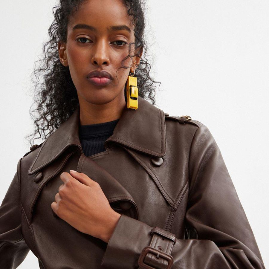 Brown Women COACH® Heritage C Double Breasted Leather Trench Coat | 18374YLQT