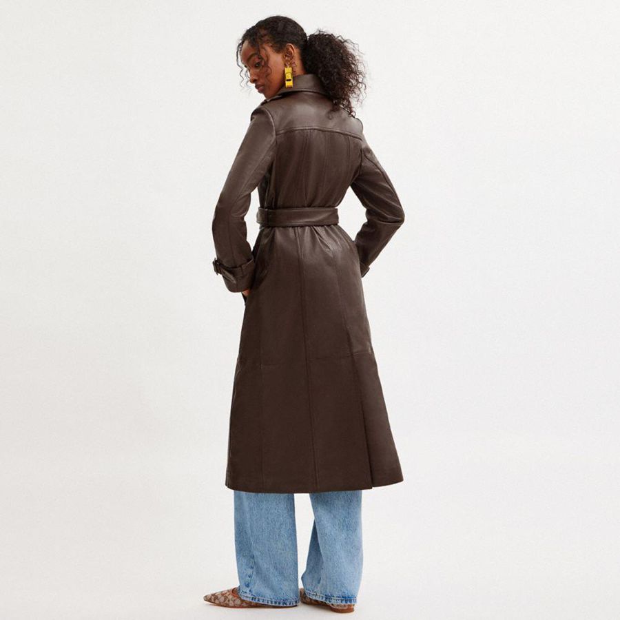 Brown Women COACH® Heritage C Double Breasted Leather Trench Coat | 18374YLQT