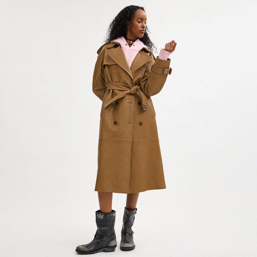Brown Women COACH® Leather Double Breasted Trench Coat | 86390KBOD