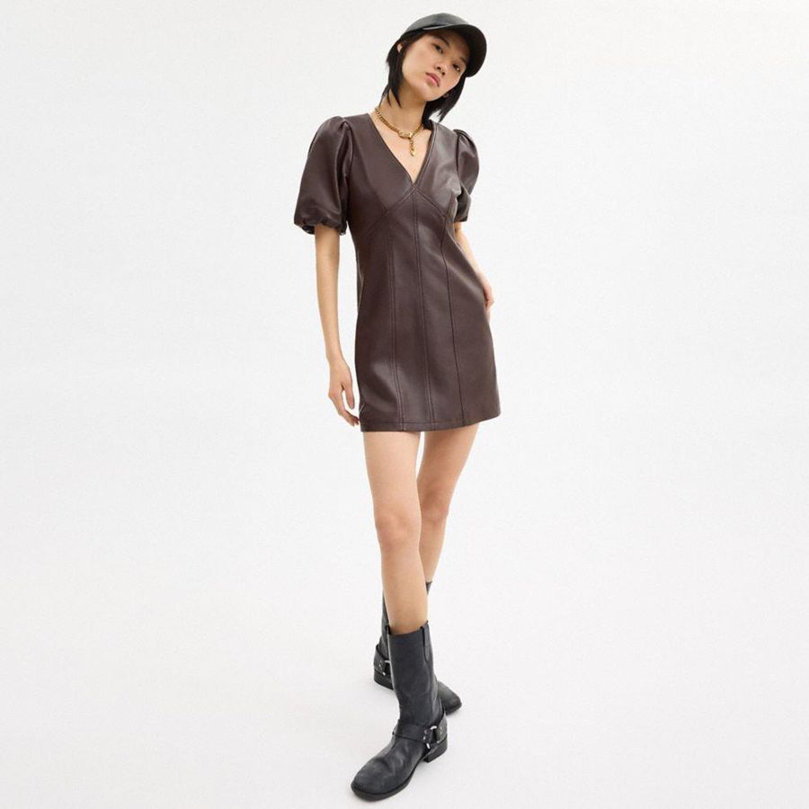 Brown Women COACH® Leather Puff Sleeve Dress | 54380GIFM