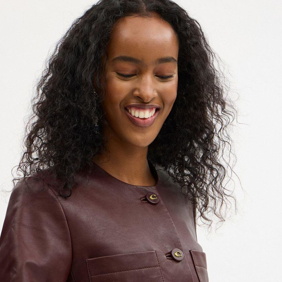 Burgundy Women COACH® Collarless Leather Jacket | 06832GTYZ