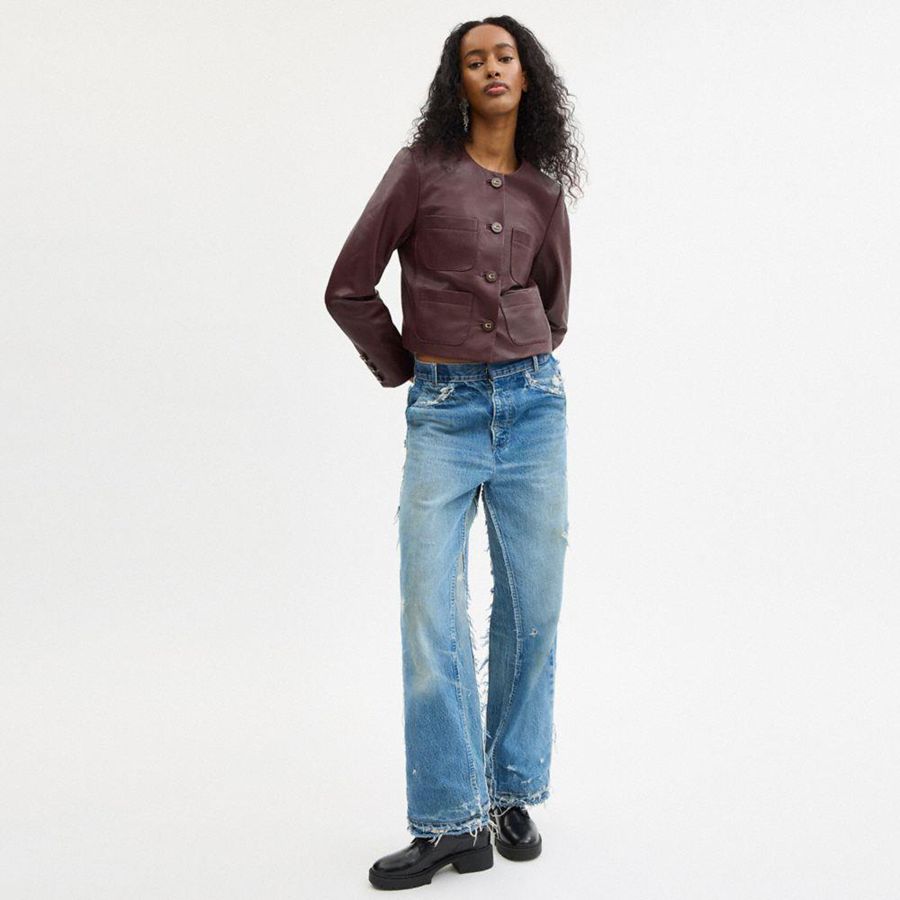 Burgundy Women COACH® Collarless Leather Jacket | 06832GTYZ