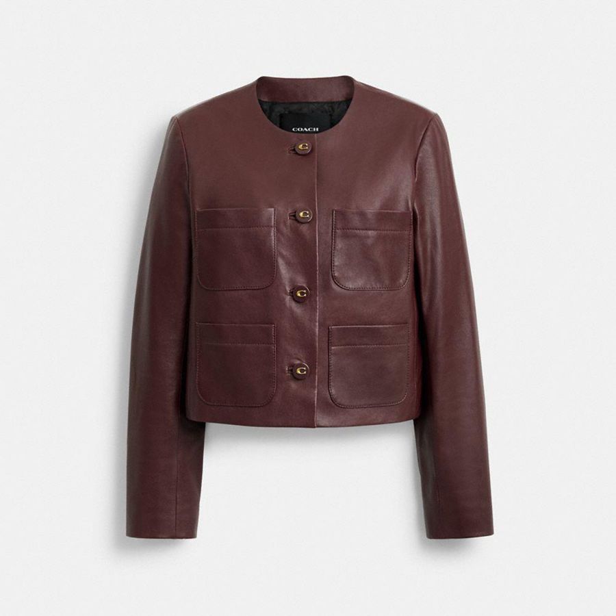 Burgundy Women COACH® Collarless Leather Jacket | 06832GTYZ