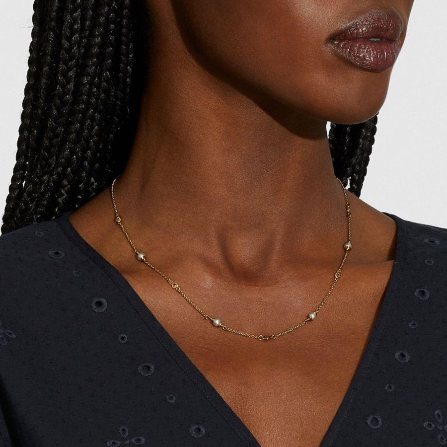 Gold Women COACH® Classic Crystal Pearl Necklace Jewelry | 32645ZDJU
