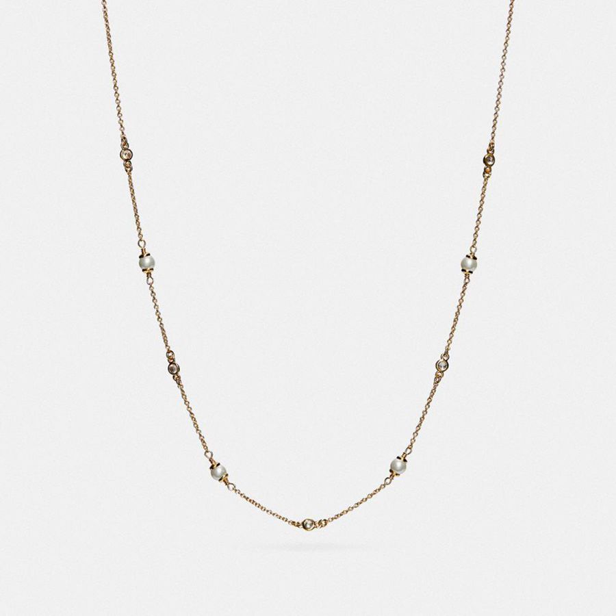 Gold Women COACH® Classic Crystal Pearl Necklace Jewelry | 32645ZDJU
