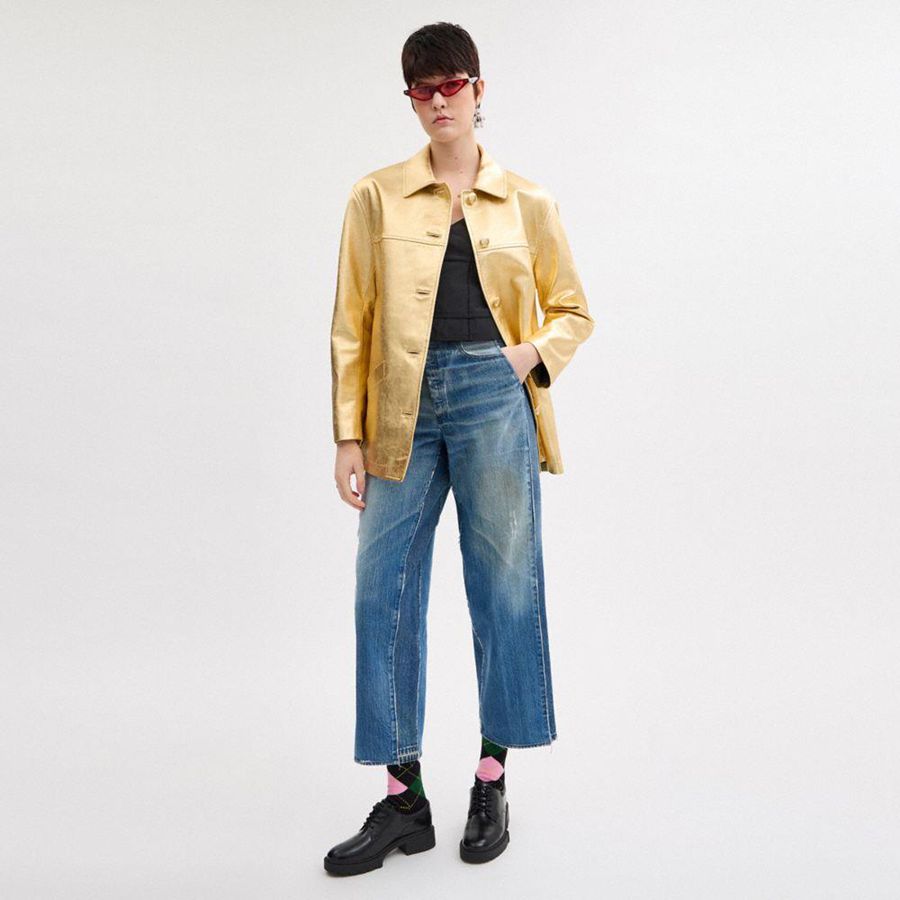 Gold Women COACH® Leather Jacket | 76485WAQN