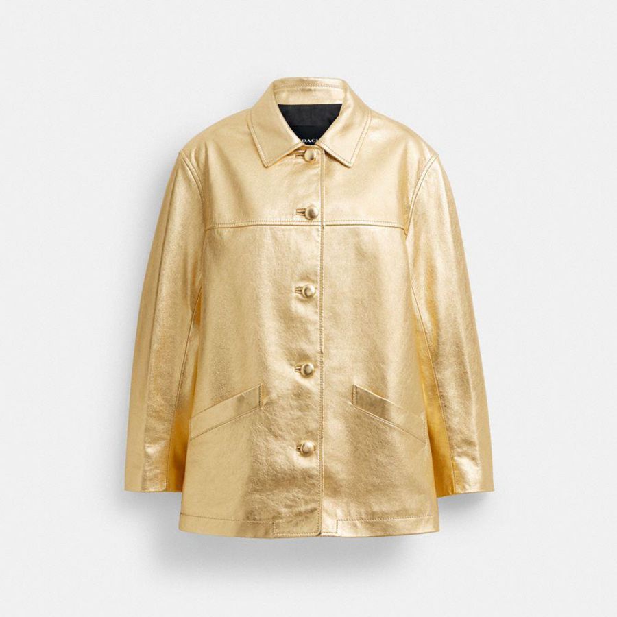 Gold Women COACH® Leather Jacket | 76485WAQN