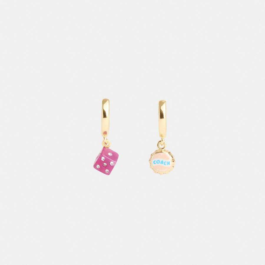 Gold Women COACH® Mini Bottle Cap And Dice Mismatch Earrings Jewelry | 60278JPXA