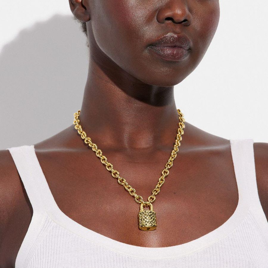 Gold Women COACH® Quilted Padlock Chain Necklace Jewelry | 25806RKBL