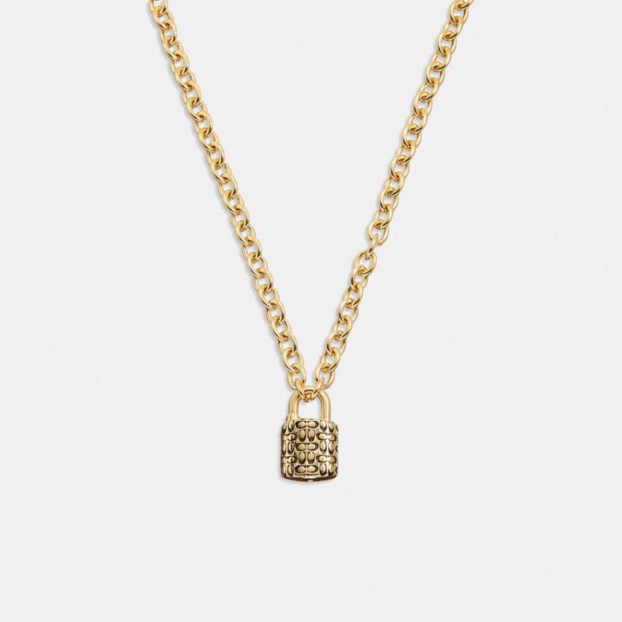 Gold Women COACH® Quilted Padlock Chain Necklace Jewelry | 25806RKBL