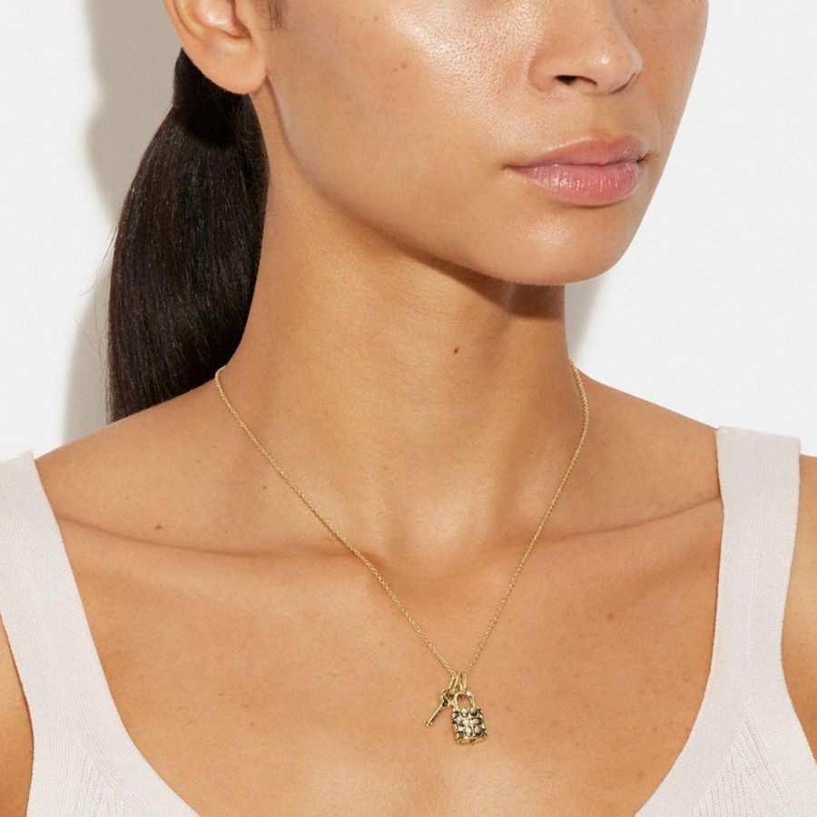 Gold Women COACH® Quilted Padlock Key Pendant Necklace Jewelry | 58396LNCM