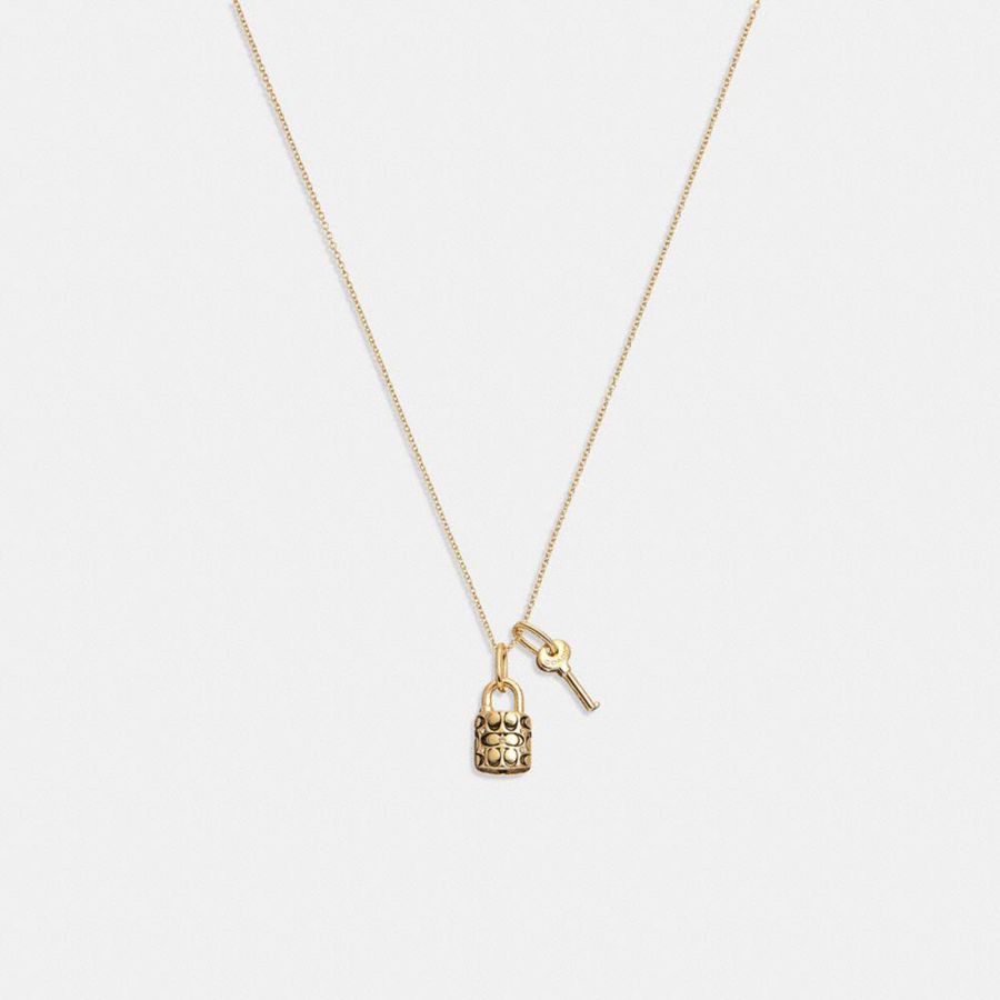Gold Women COACH® Quilted Padlock Key Pendant Necklace Jewelry | 58396LNCM