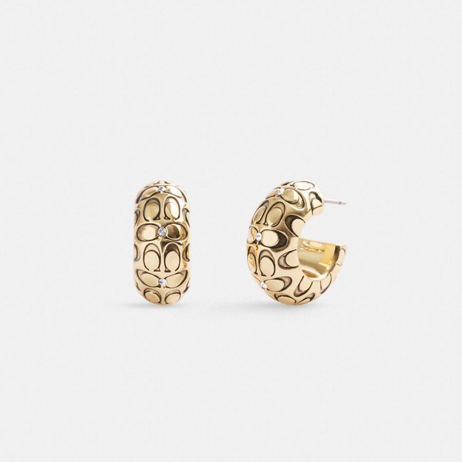 Gold Women COACH® Quilted Signature Chunky Hoop Earrings Jewelry | 04927FGZL
