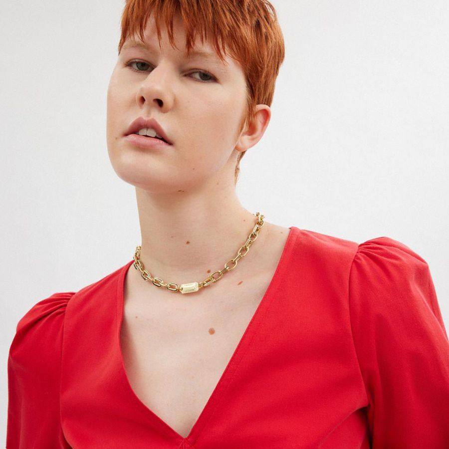 Gold Women COACH® Stitched Chain Link Necklace Jewelry | 28093WEVY