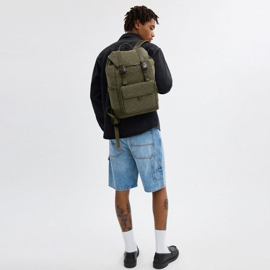Green Men COACH® League Flap In Signature Canvas Jacquard Backpack | 63985YBKC