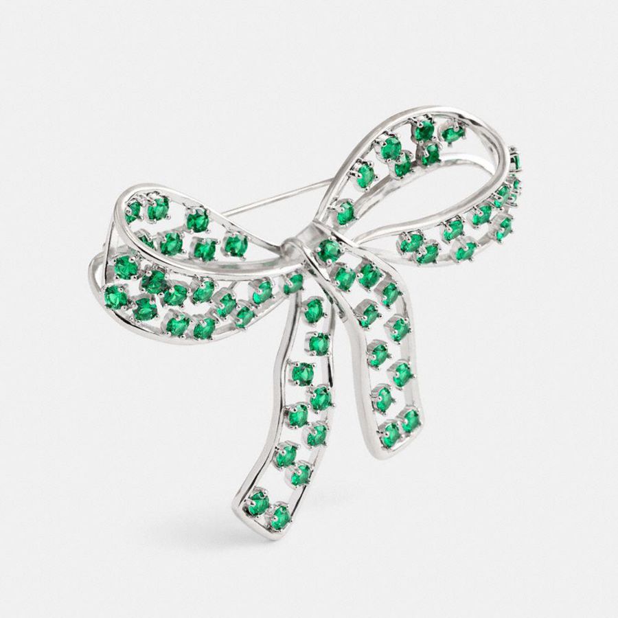 Green Women COACH® Crystal Bow Brooch Jewelry | 63809OPMQ