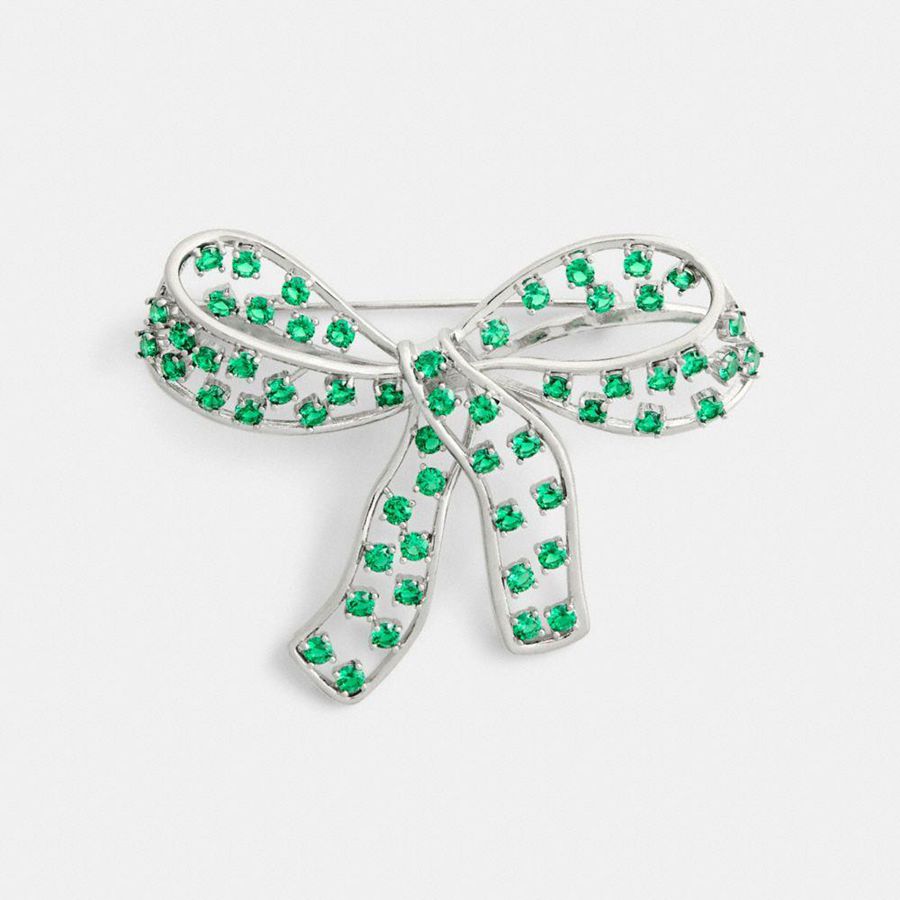 Green Women COACH® Crystal Bow Brooch Jewelry | 63809OPMQ