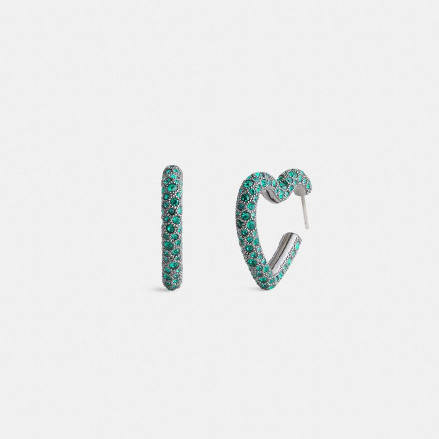 Green Women COACH® Pavé Heart Hoop Earrings Jewelry | 63179BWZX