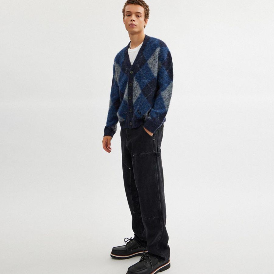 Navy Men COACH® Fuzzy Argyle Cardigan Sweater | 08251JHUN