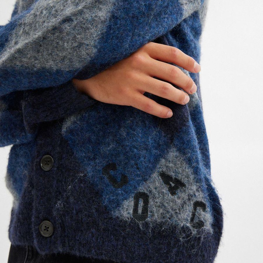 Navy Men COACH® Fuzzy Argyle Cardigan Sweater | 08251JHUN