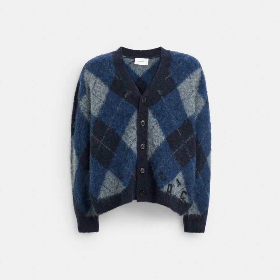 Navy Men COACH® Fuzzy Argyle Cardigan Sweater | 08251JHUN