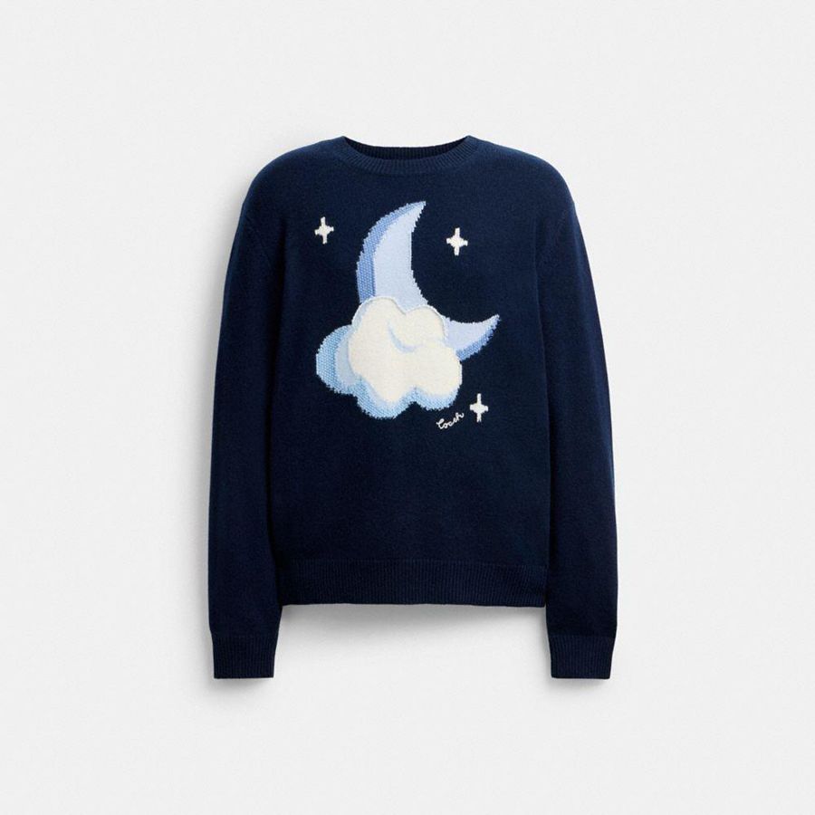 Navy Men COACH® Graphic Intarsia Crewneck Sweater | 12068NQWI