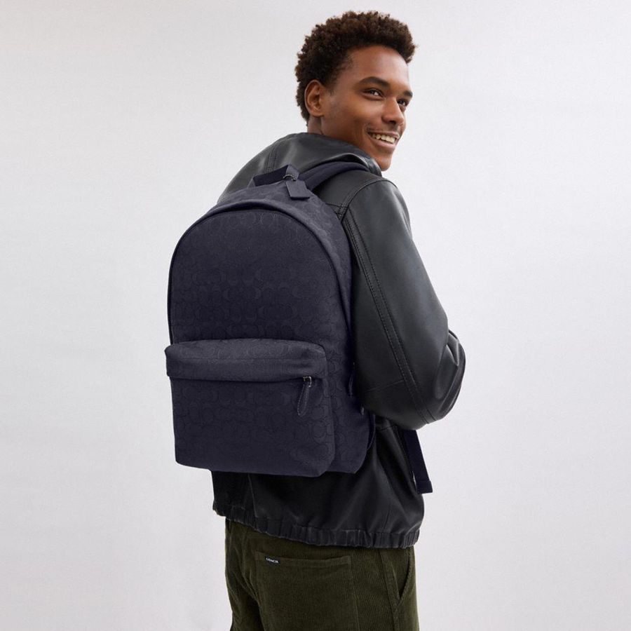 Navy Men COACH® Hall In Signature Jacquard Backpack | 41365CQZL