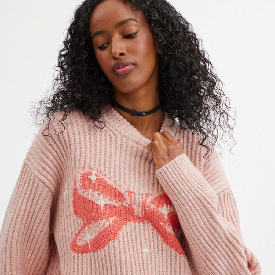 Pink Women COACH® Crewneck Bow In Recycled Wool Sweater | 78903PMYH