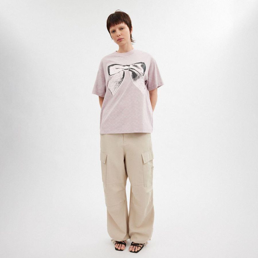Pink Women COACH® Signature Bow In Organic Cotton T-Shirt | 02713DKTS