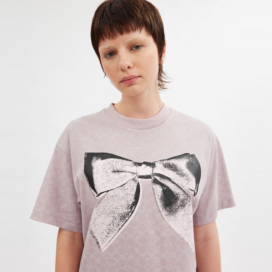 Pink Women COACH® Signature Bow In Organic Cotton T-Shirt | 02713DKTS