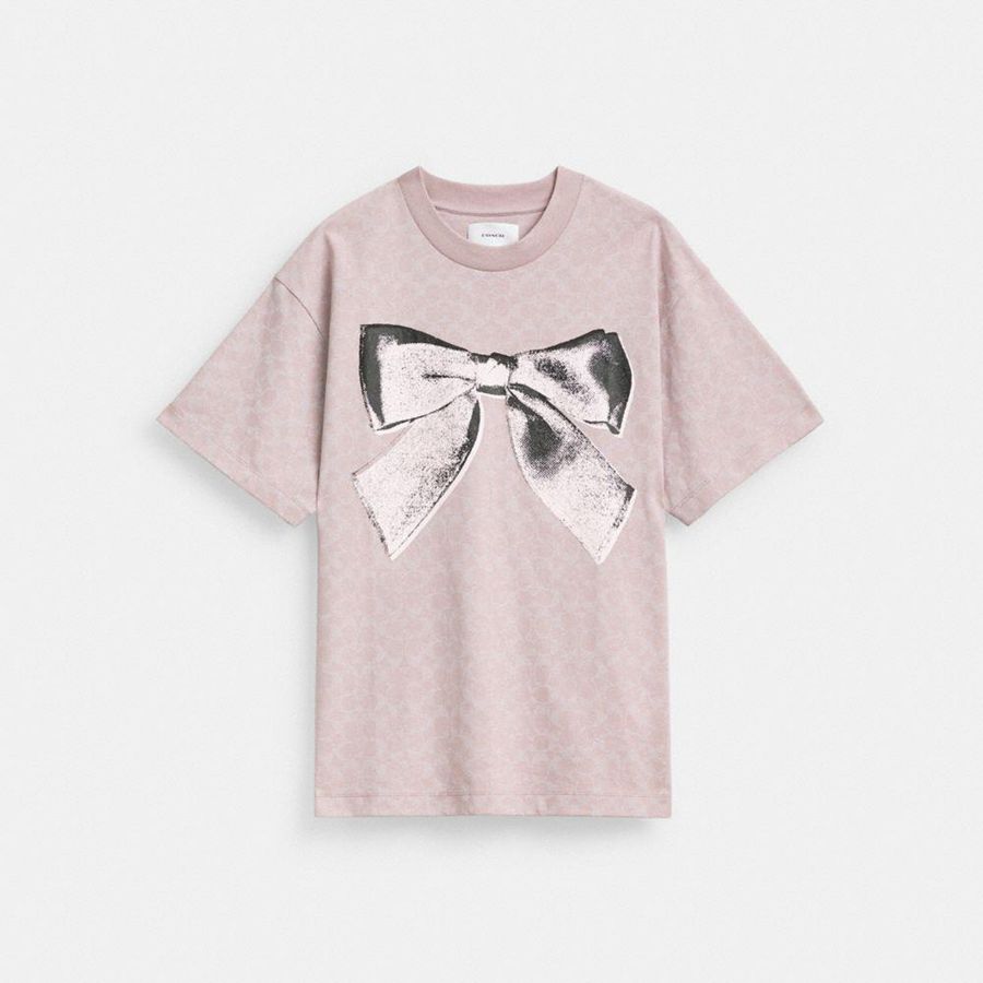 Pink Women COACH® Signature Bow In Organic Cotton T-Shirt | 02713DKTS