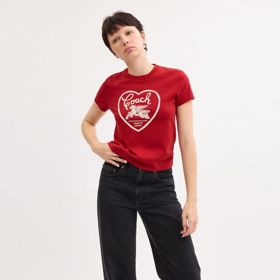 Red Women COACH® 90 S Heart In Organic Cotton T-Shirt | 23580RIGJ