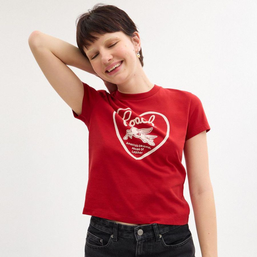 Red Women COACH® 90 S Heart In Organic Cotton T-Shirt | 23580RIGJ