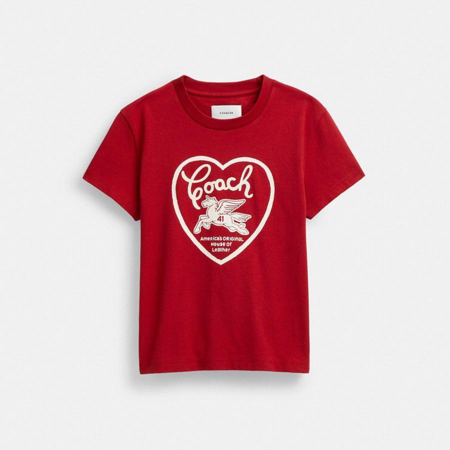 Red Women COACH® 90 S Heart In Organic Cotton T-Shirt | 23580RIGJ