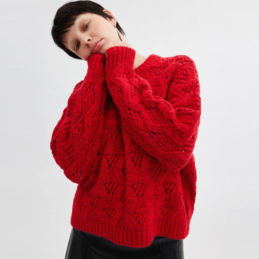 Red Women COACH® Cable Knit Cursive Signature Cropped Sweater | 20863WYLX