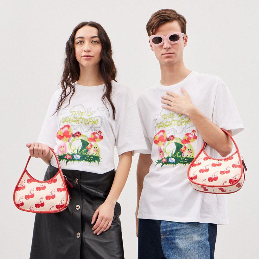 Red Women COACH® Ergo In Coachtopia Leather With Cherry Print Tote Bags | 73465PJLO