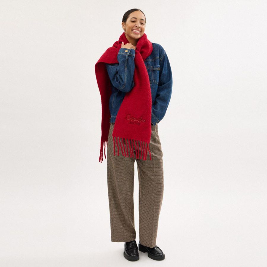 Red Women COACH® New Year Oversized Muffler With Embroidered Coach Snake Script Scarf | 51920LVIC
