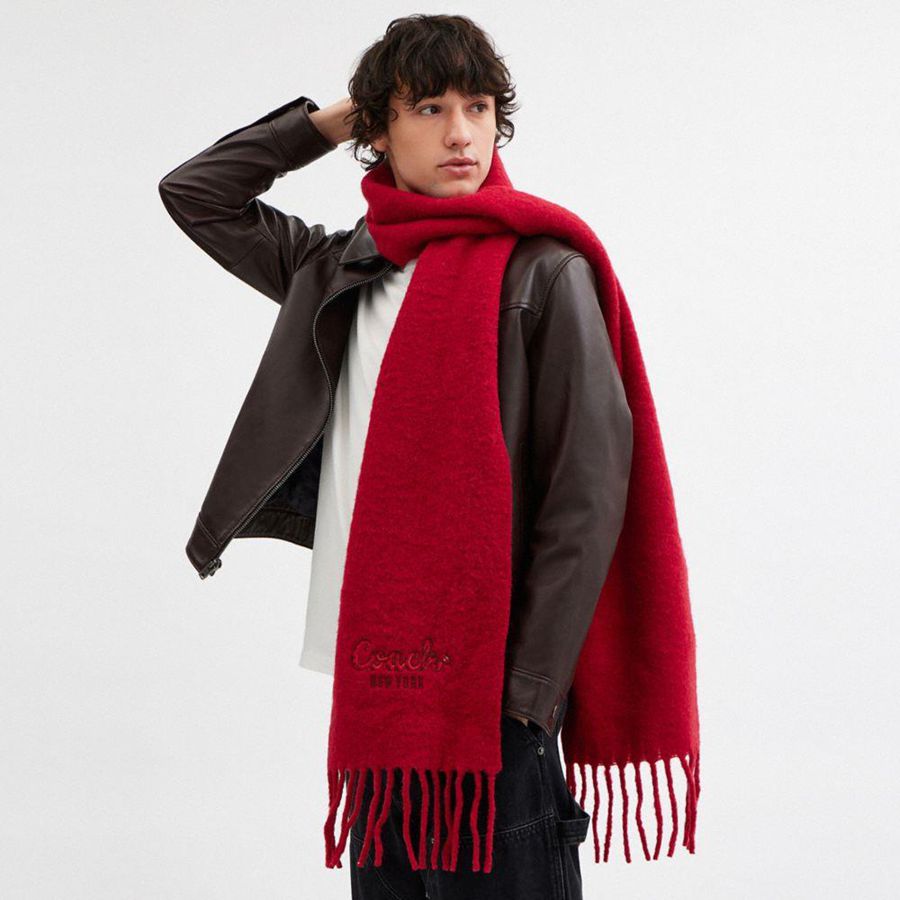 Red Women COACH® New Year Oversized Muffler With Embroidered Coach Snake Script Scarf | 51920LVIC
