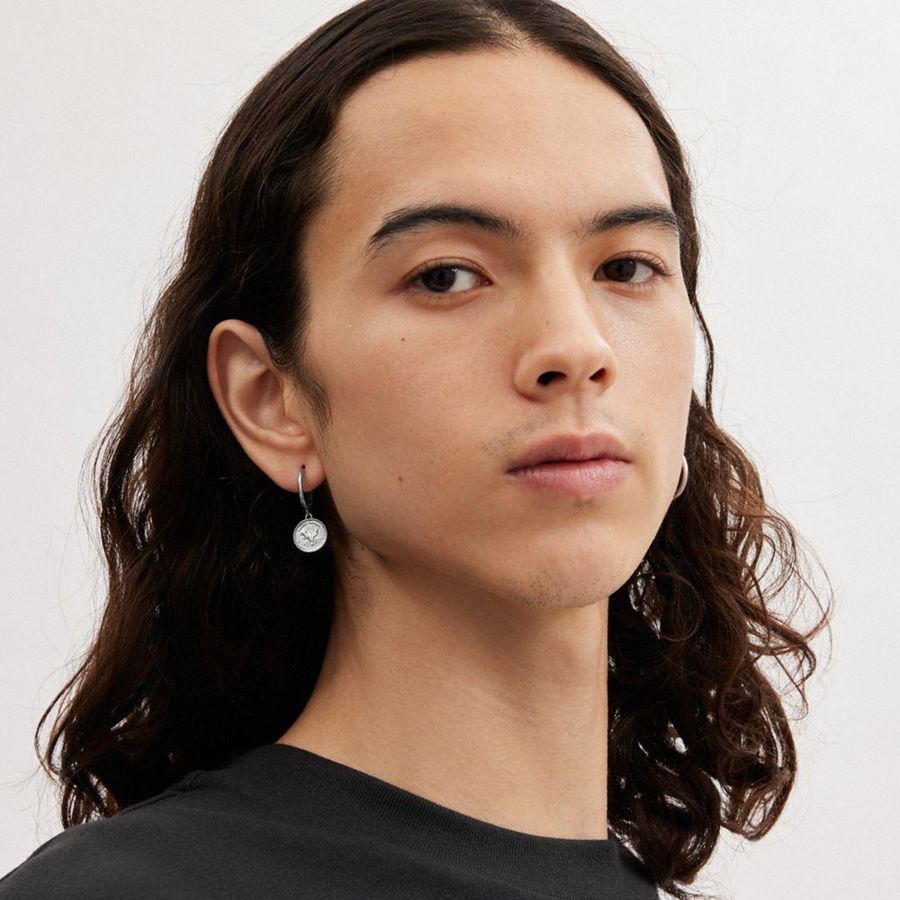 Silver Men COACH® Sterling Coin Single Huggie Earring Jewelry | 01376GQRI