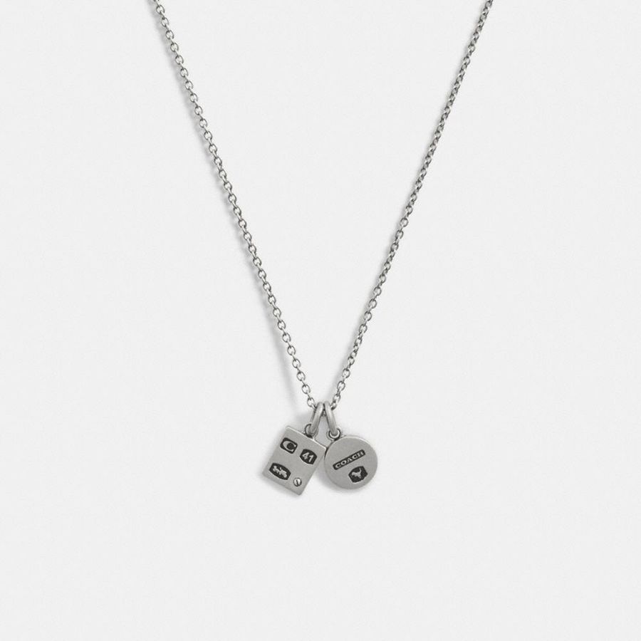 Silver Men COACH® Sterling Double Charm Long Pendant Necklace Jewelry | 84192TIMB
