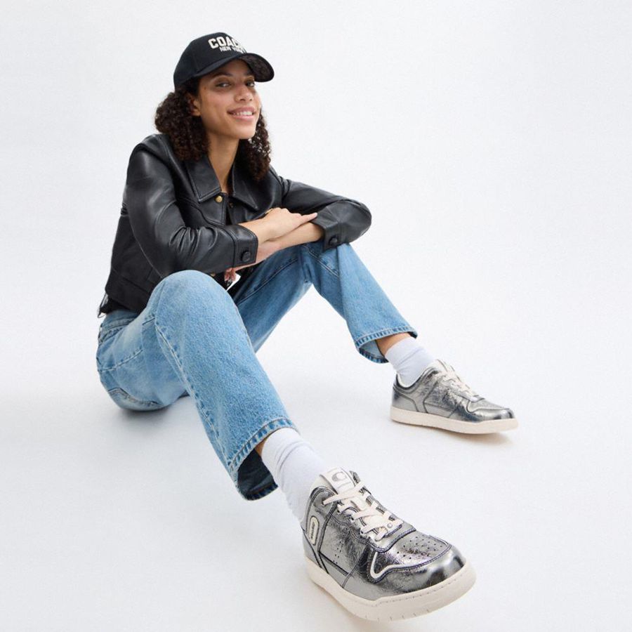 Silver Women COACH® C201 Low Top Sneakers | 86934AXHC