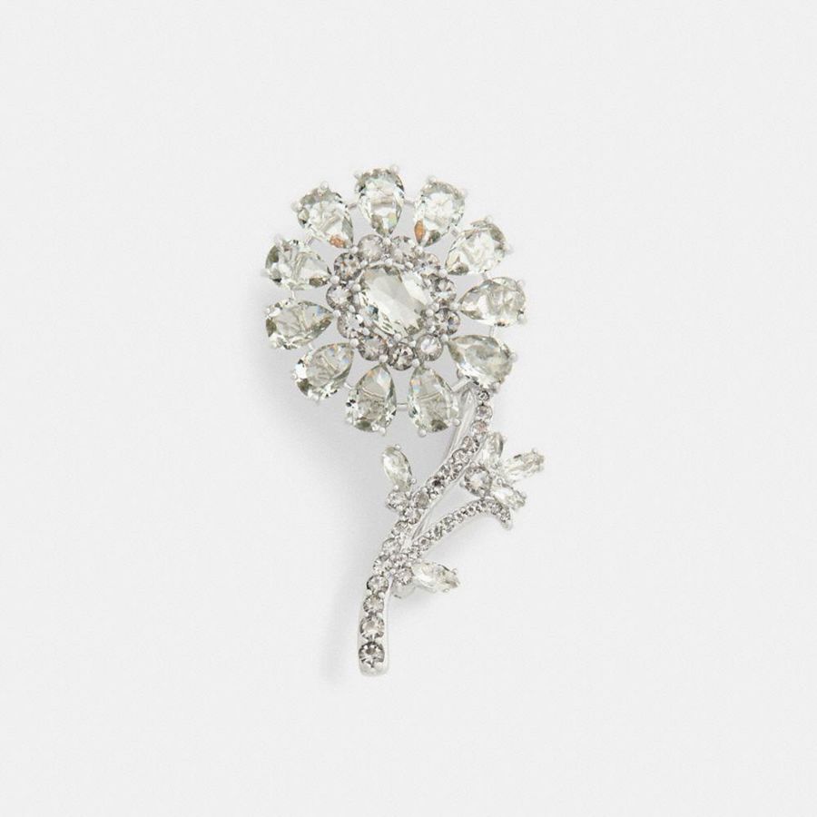 Silver Women COACH® Crystal Flower Brooch Jewelry | 34695LAEP