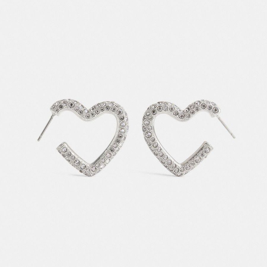 Silver Women COACH® Pavé Heart Hoop Earrings Jewelry | 50784ZSBQ