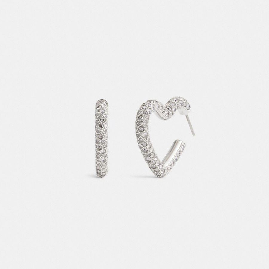 Silver Women COACH® Pavé Heart Hoop Earrings Jewelry | 50784ZSBQ