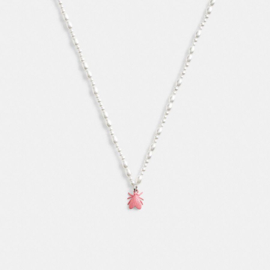 Silver Women COACH® Pearl Fly Pendant Necklace Jewelry | 71523OFJE
