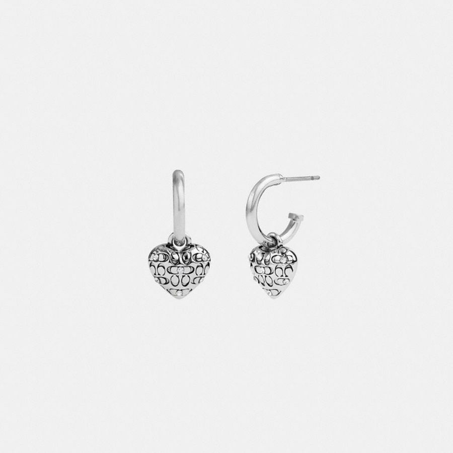 Silver Women COACH® Quilted Signature Heart Huggie Earrings Jewelry | 94831KSQO