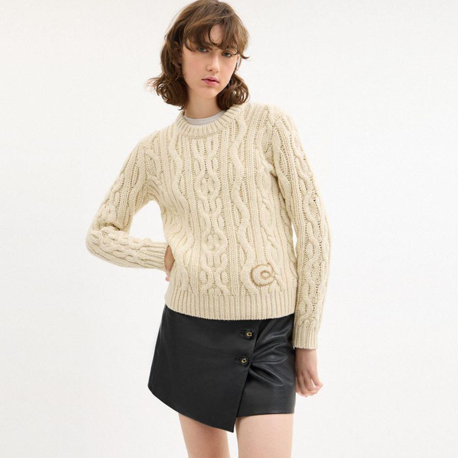 White Women COACH® Cable Knit Crewneck Sweater | 25917TGJM